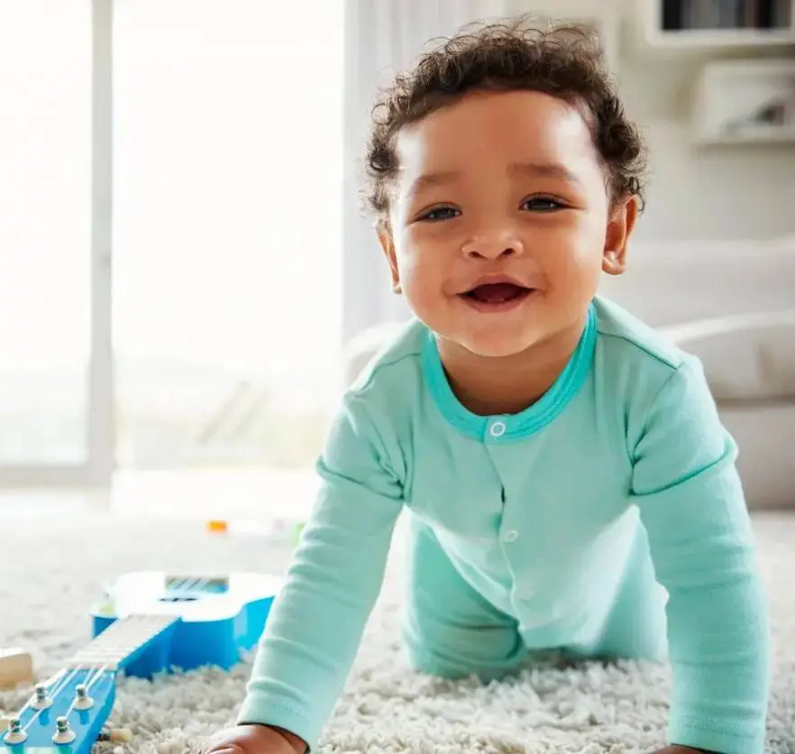 baby blue dress smiling